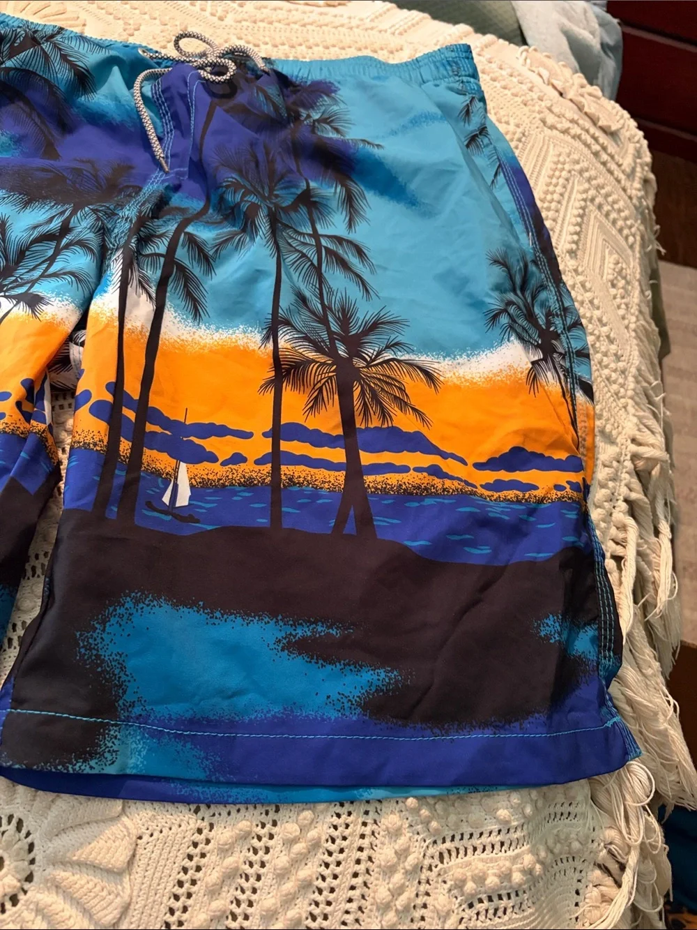Men's Tropical Palm Print Swim Trunks - Blue/Orange 2XL